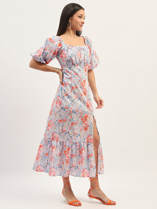 Madame Printed Fit And Flare Blue Cotton Maxi Dress