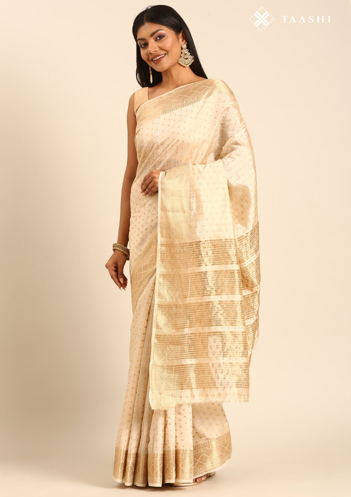 Cream Traditional Zari Butta Woven Tussar Saree