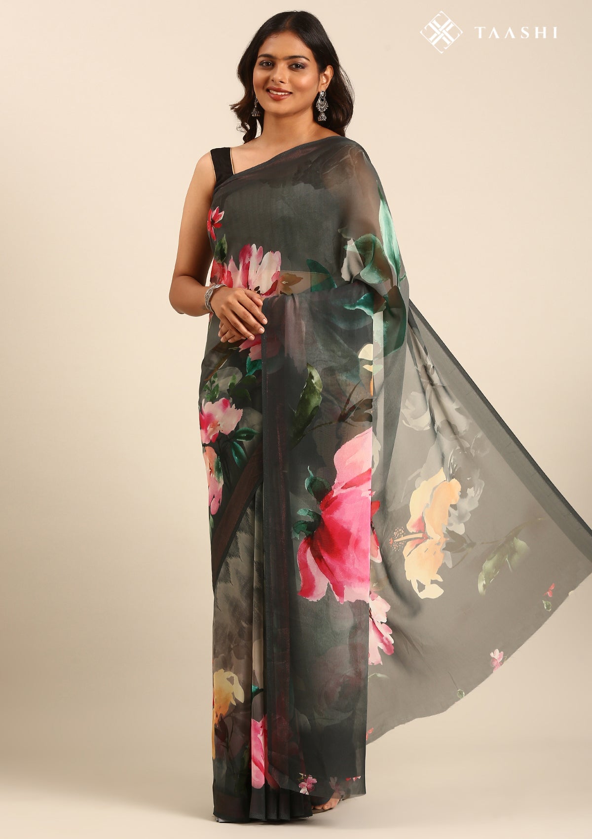 Grey Multicolor Floral Digital Printed Georgette Saree