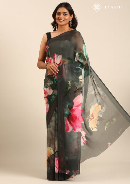 Grey Multicolor Floral Digital Printed Georgette Saree