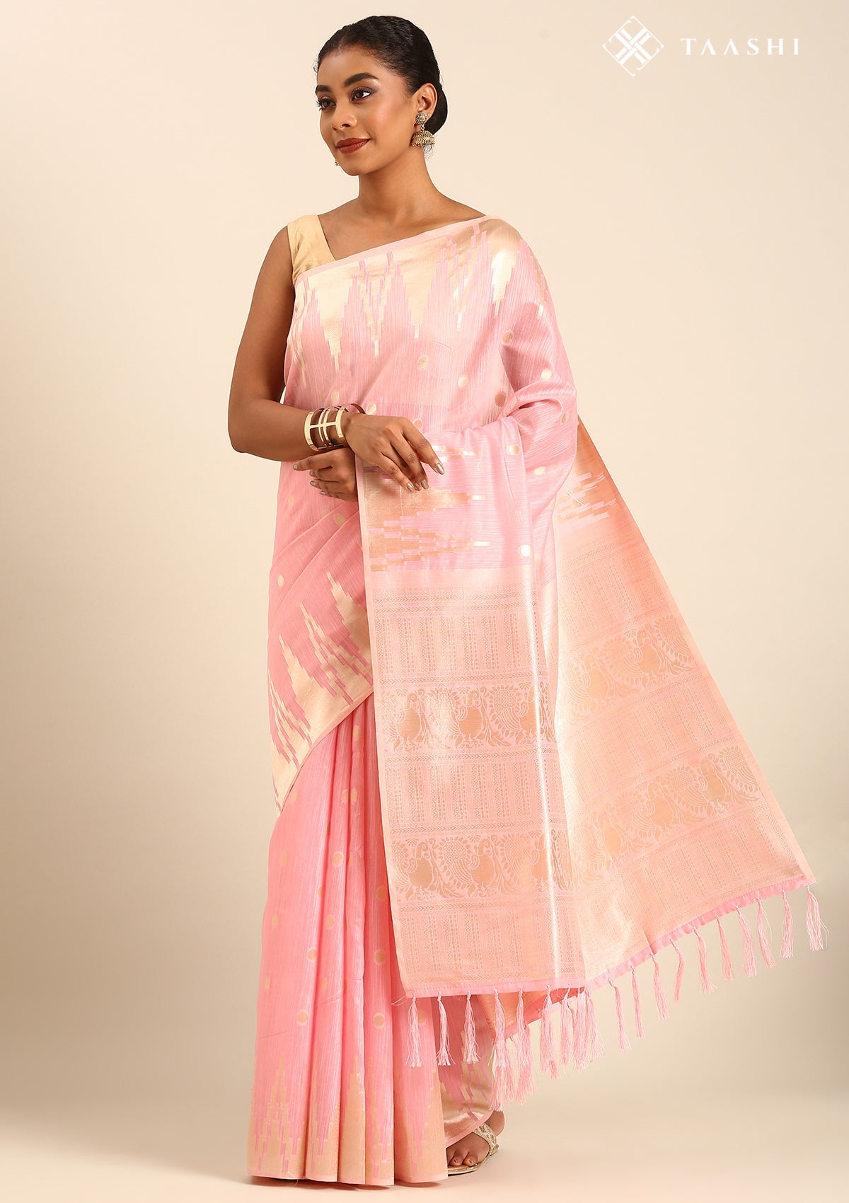 Pastel Pink Traditional Temple Pattern Tussar Saree