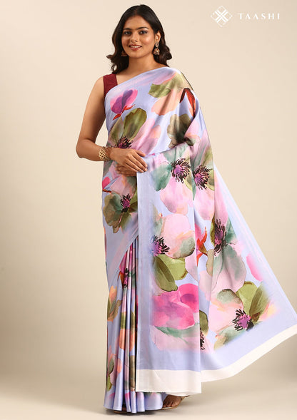 Violet Watercolor Floral Digital Printed Satin Saree