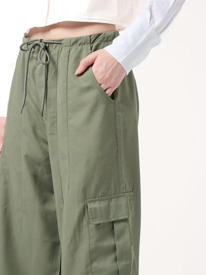 Olive Cargo Pockets Drawstring Wid Leg Trouser