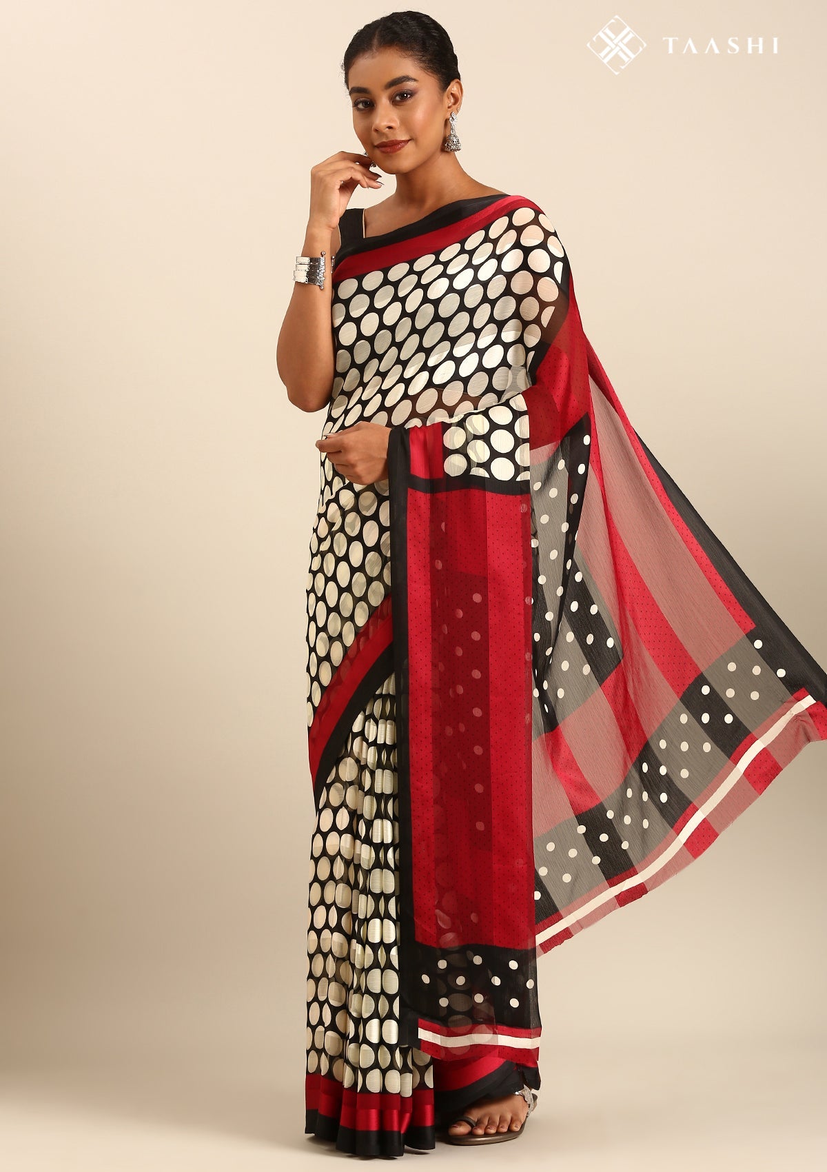 Black And Cream Polkadots Printed Chiffon Saree