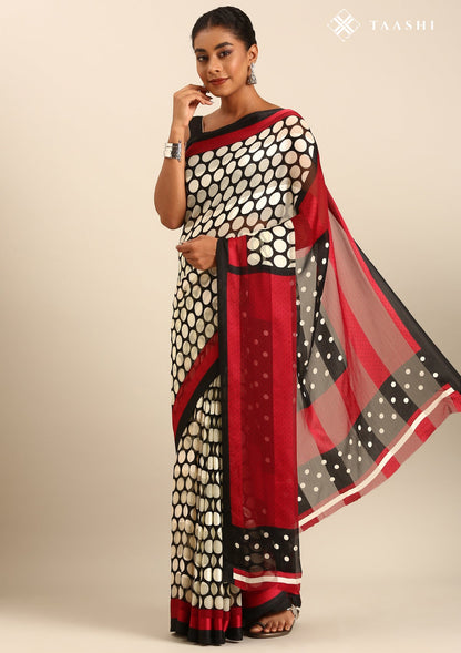 Black And Cream Polkadots Printed Chiffon Saree
