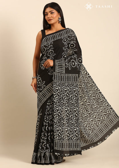 Black Abstract Printed Tussar saree