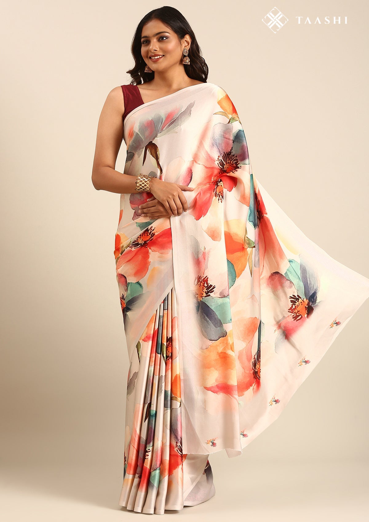 Beige Watercolor Floral Digital Printed Satin Saree