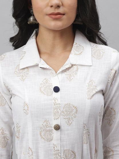 Women Off White & Navy Blue Printed Shirt with Skirt