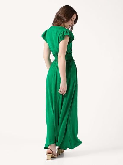 Green Tiered Maxi Length Flared Dress