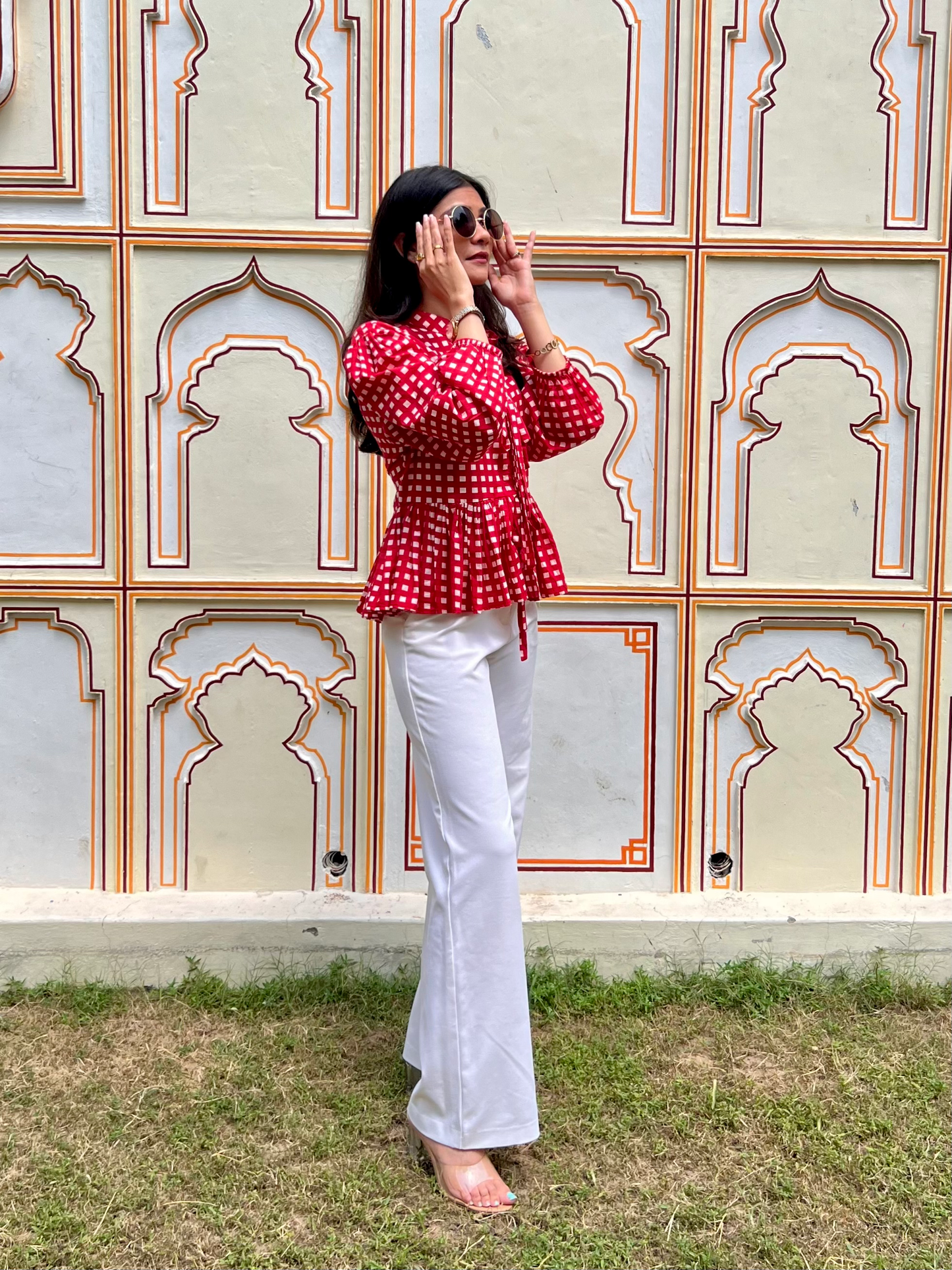 Crimson Red Checks Front Tie-up Top