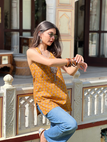 Mustard Halter Neck Short Kurti