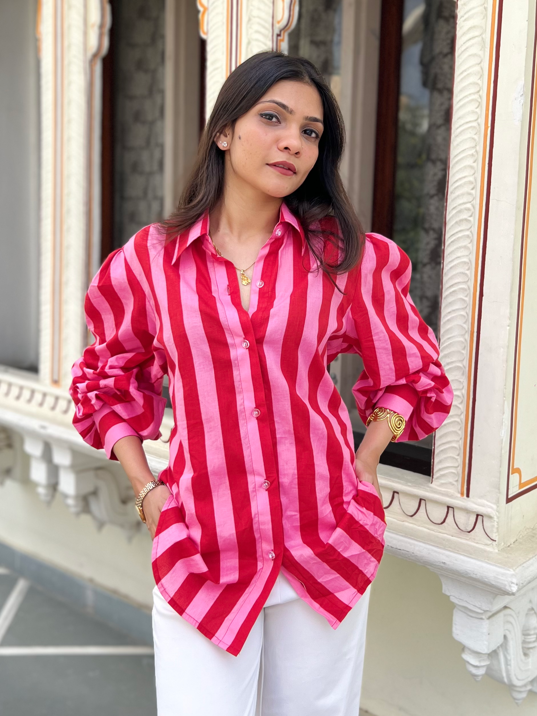 Flamingo Pink Stripes Statement Shirt