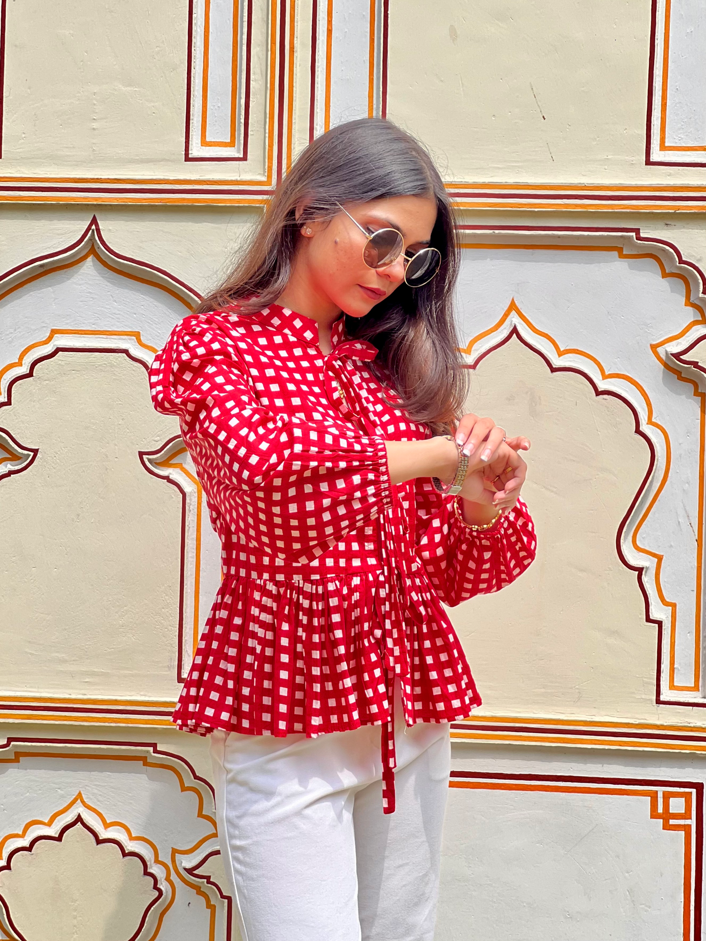 Crimson Red Checks Front Tie-up Top