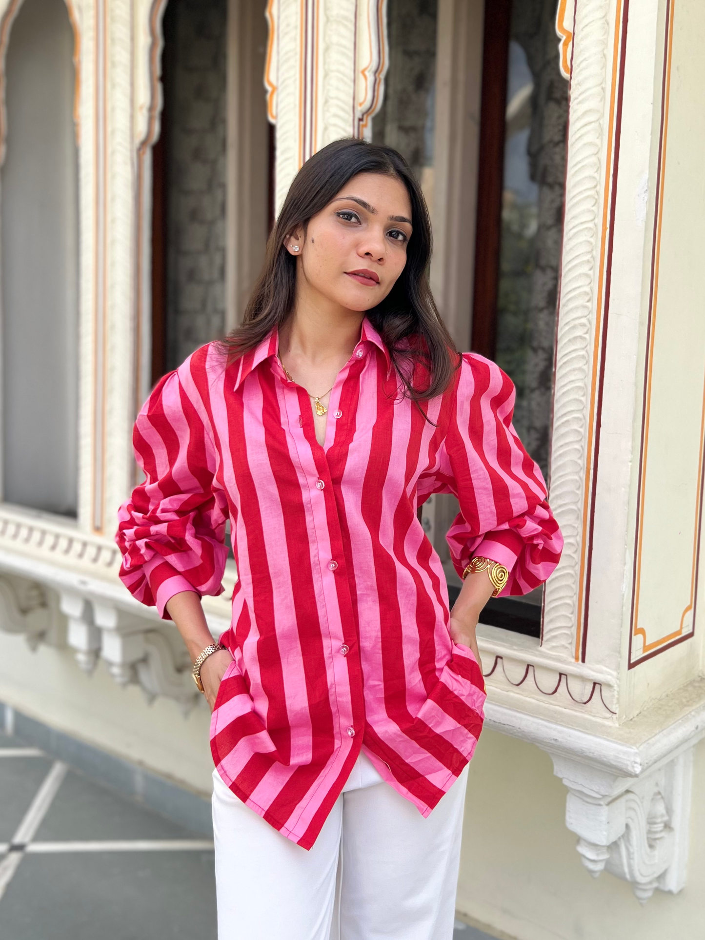 Flamingo Pink Stripes Statement Shirt
