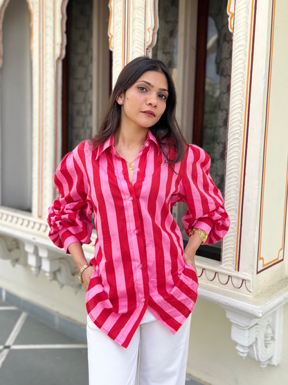 Flamingo Pink Stripes Statement Shirt