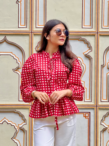 Crimson Red Checks Front Tie-up Top