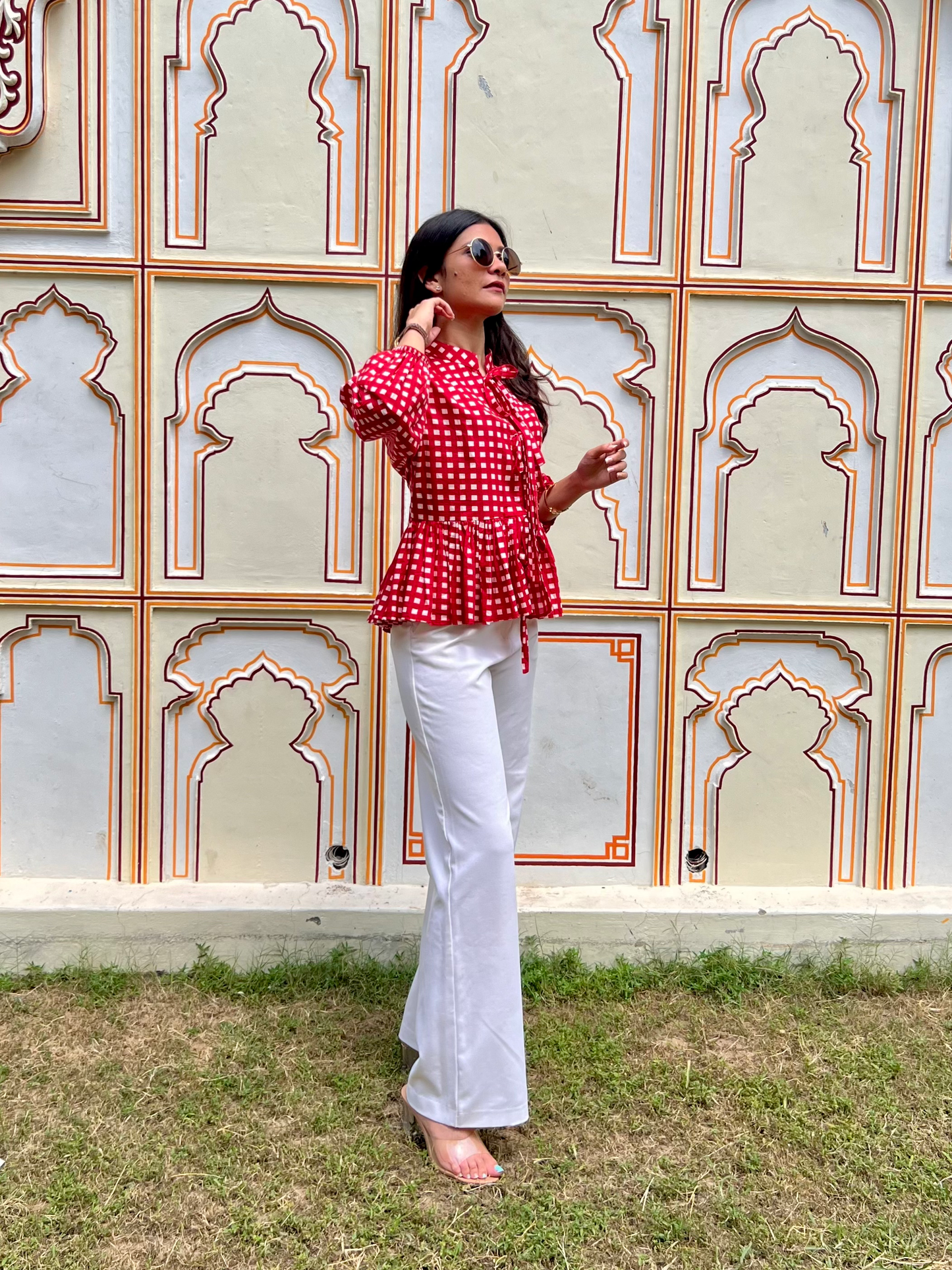 Crimson Red Checks Front Tie-up Top