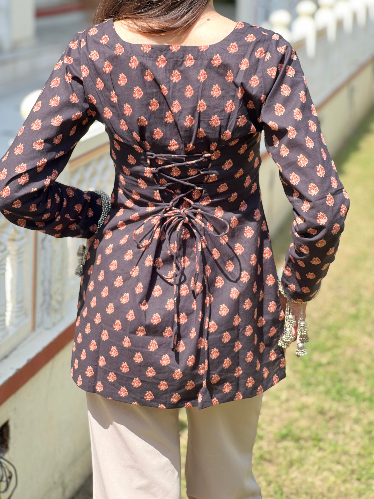 Black Corset Back Full Sleeves Short Kurti