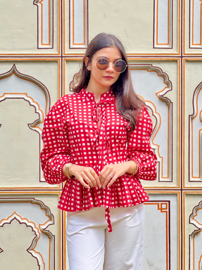 Crimson Red Checks Front Tie-up Top