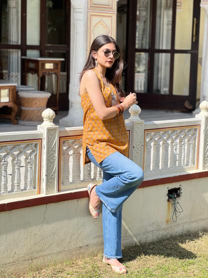 Mustard Halter Neck Short Kurti