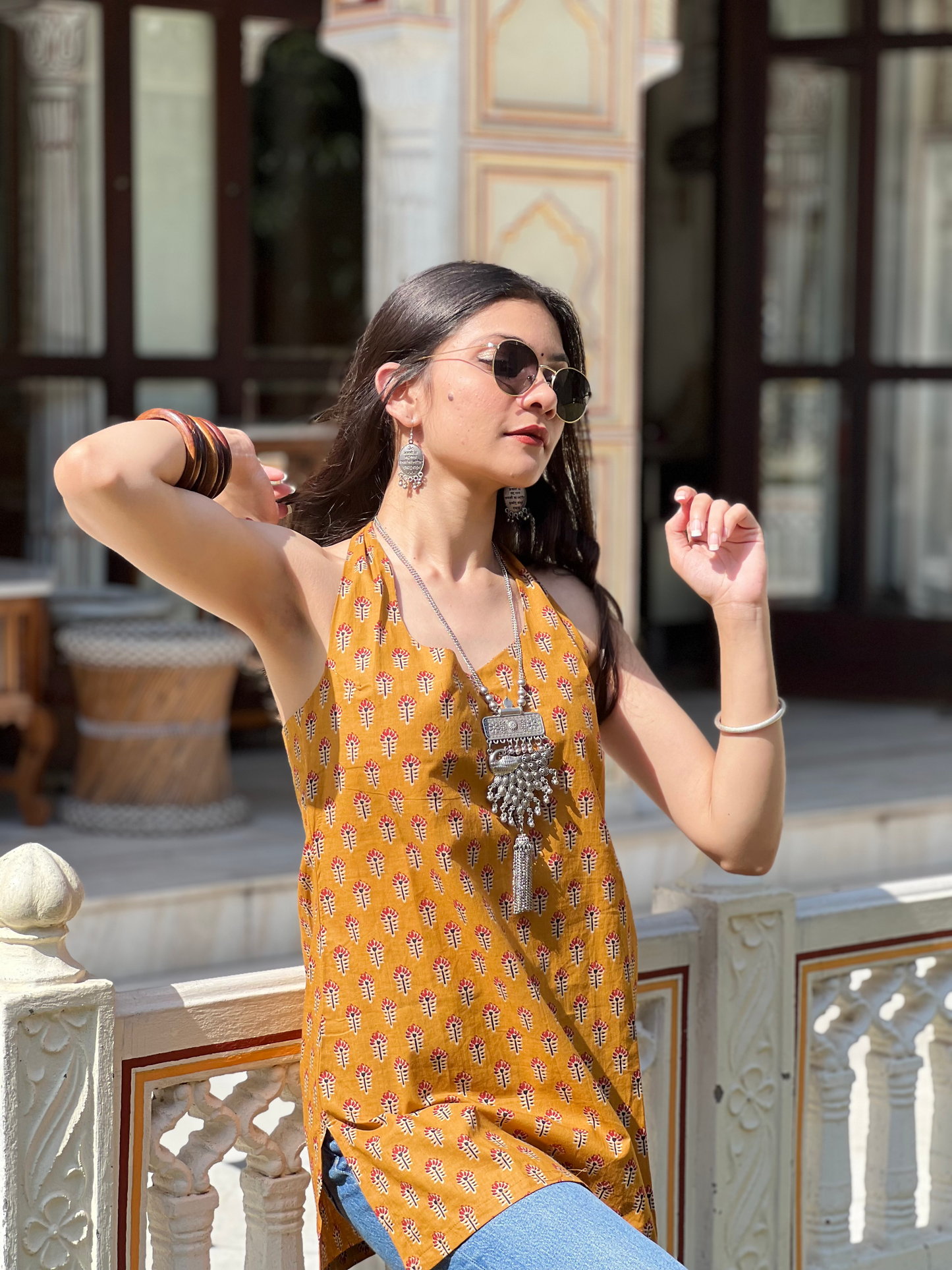 Mustard Halter Neck Short Kurti