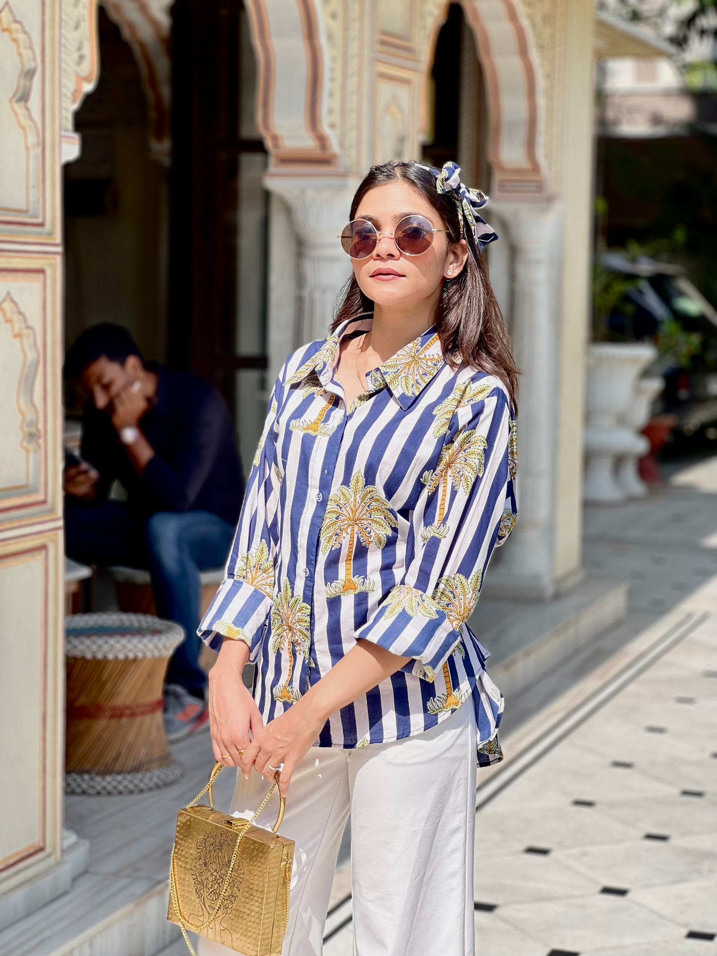 Botnical Blue White Stripes Corset Back Shirt