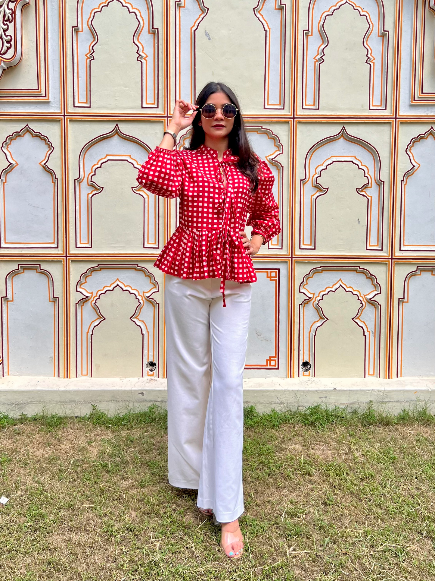 Crimson Red Checks Front Tie-up Top