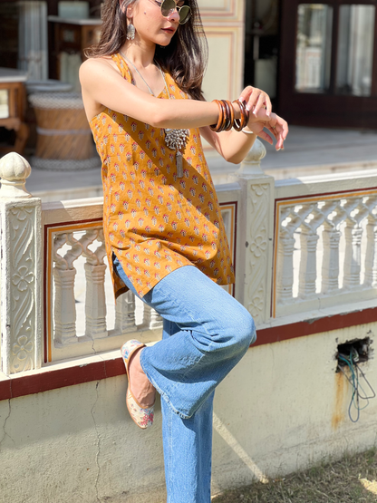 Mustard Halter Neck Short Kurti