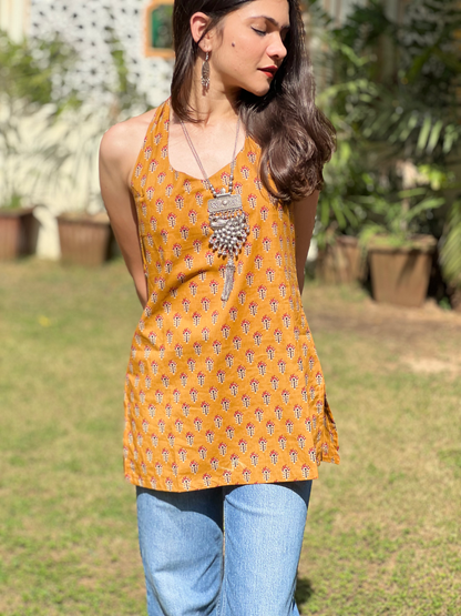 Mustard Halter Neck Short Kurti
