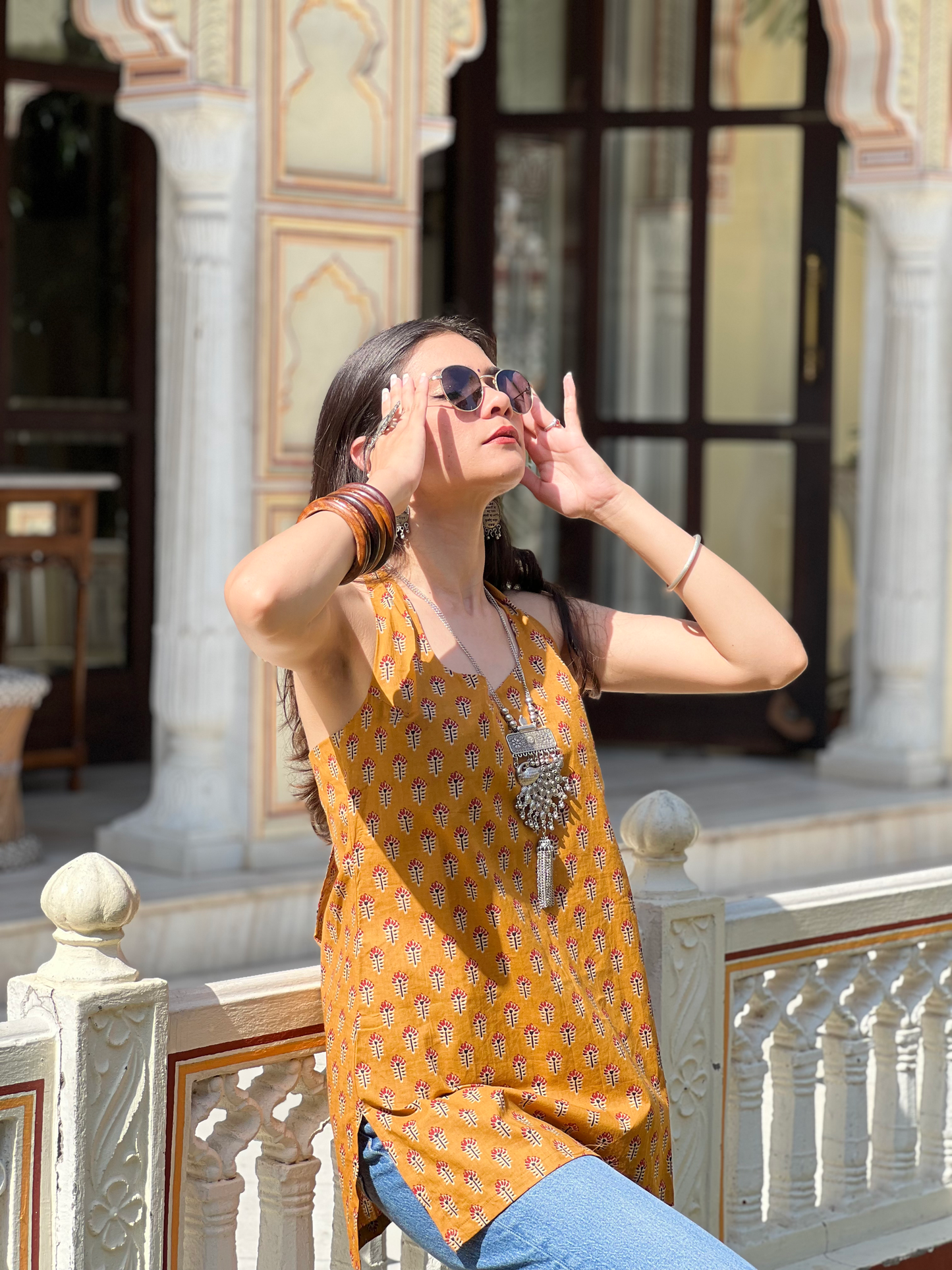 Mustard Halter Neck Short Kurti