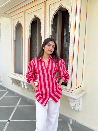 Flamingo Pink Stripes Statement Shirt