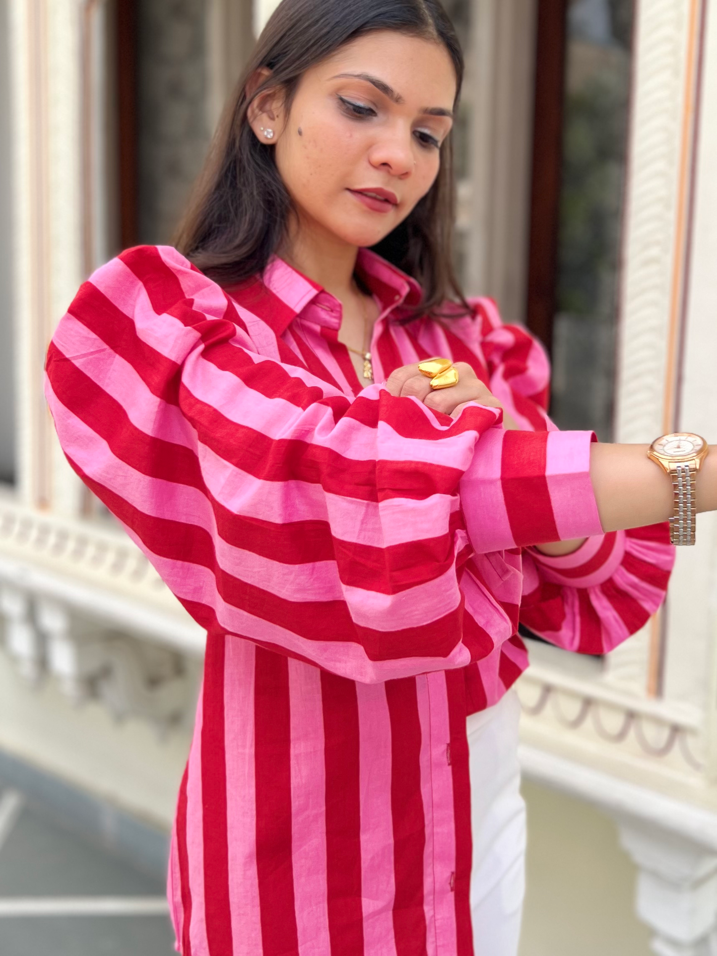 Flamingo Pink Stripes Statement Shirt