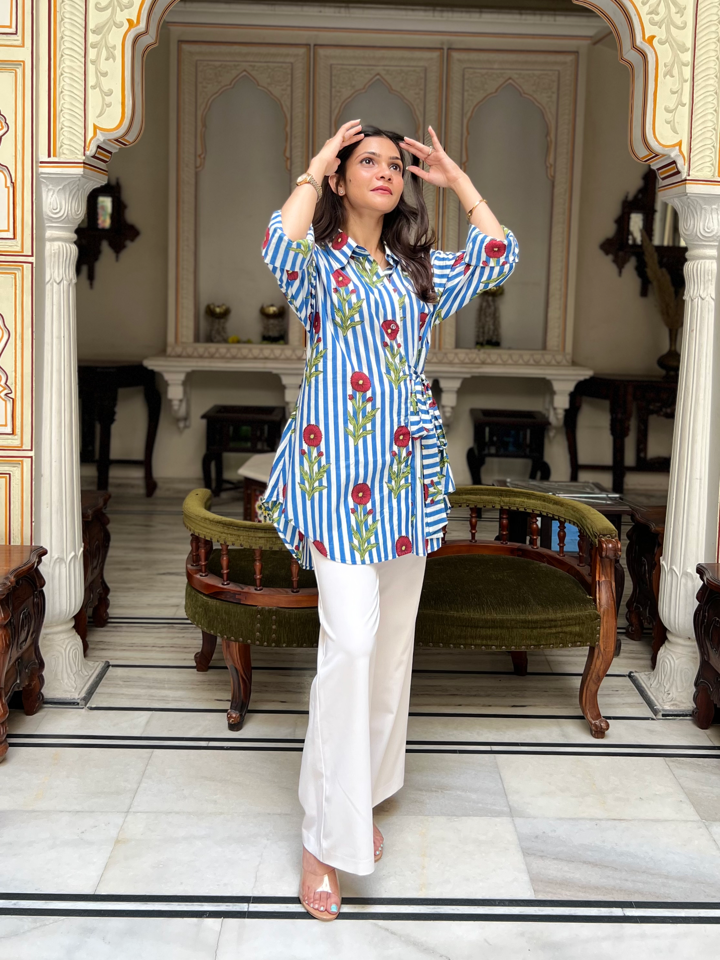 Botanical Blue Stripes Side Tie-up Shirt