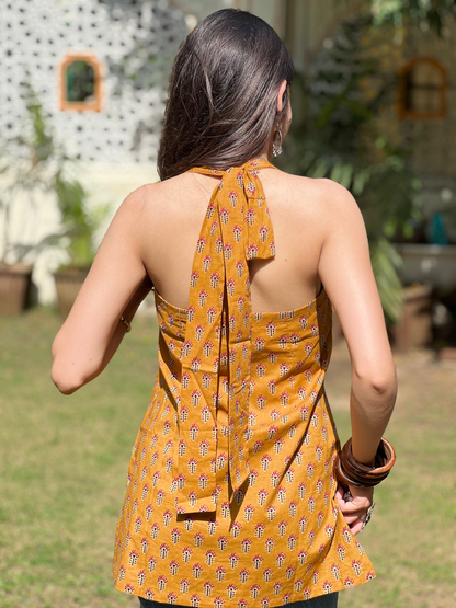 Mustard Halter Neck Short Kurti