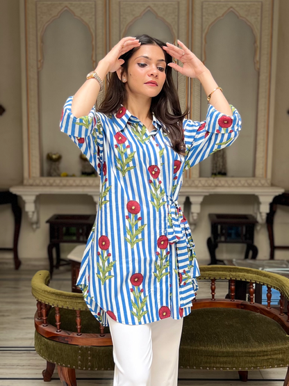 Botanical Blue Stripes Side Tie-up Shirt