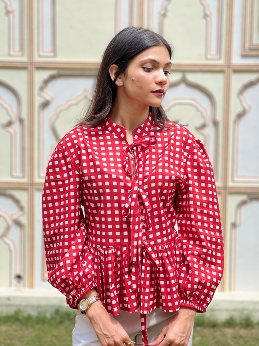 Crimson Red Checks Front Tie-up Top
