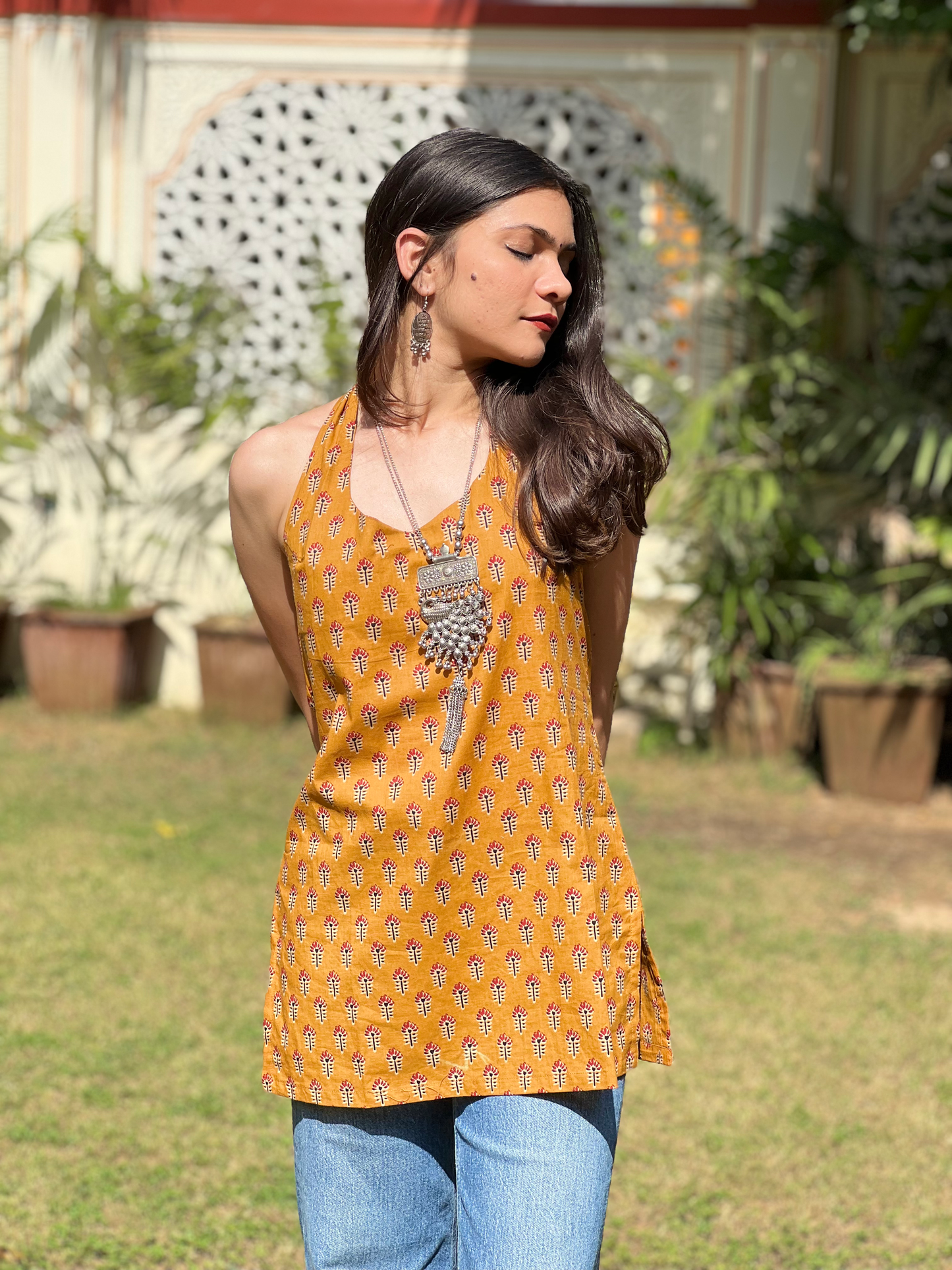 Mustard Halter Neck Short Kurti