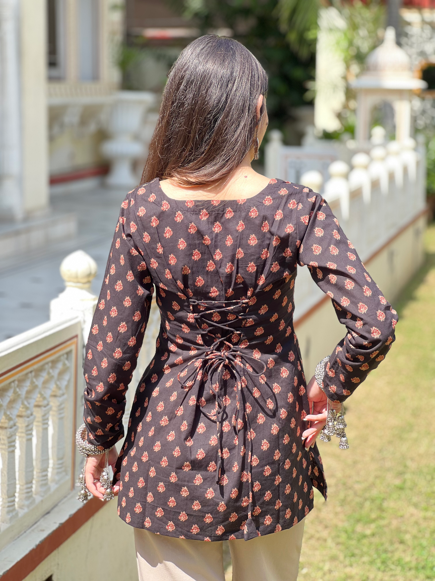 Black Corset Back Full Sleeves Short Kurti