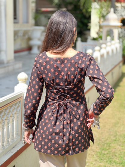 Black Corset Back Full Sleeves Short Kurti
