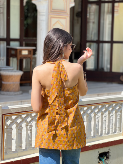 Mustard Halter Neck Short Kurti