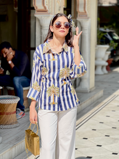 Botnical Blue White Stripes Corset Back Shirt