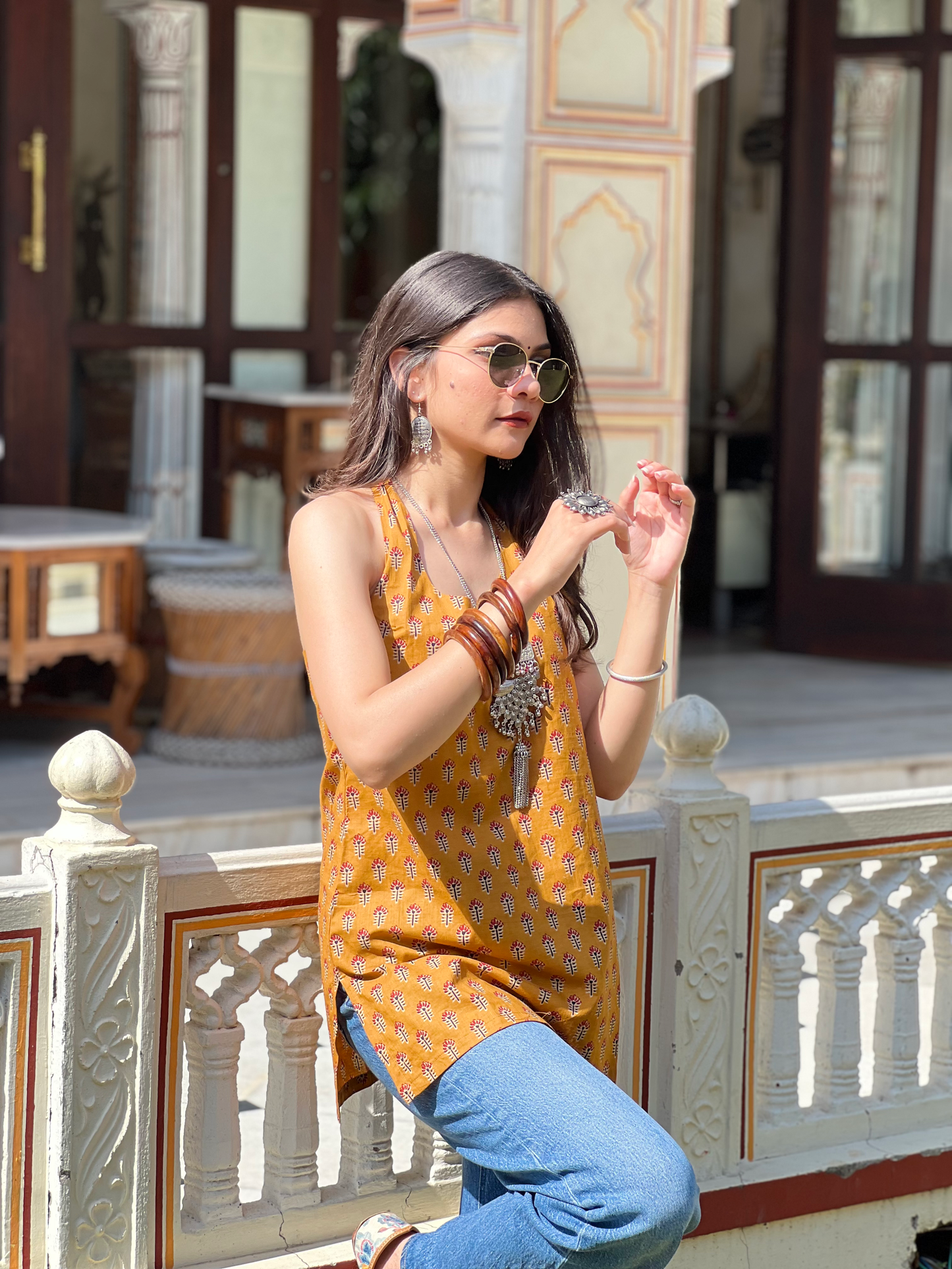 Mustard Halter Neck Short Kurti