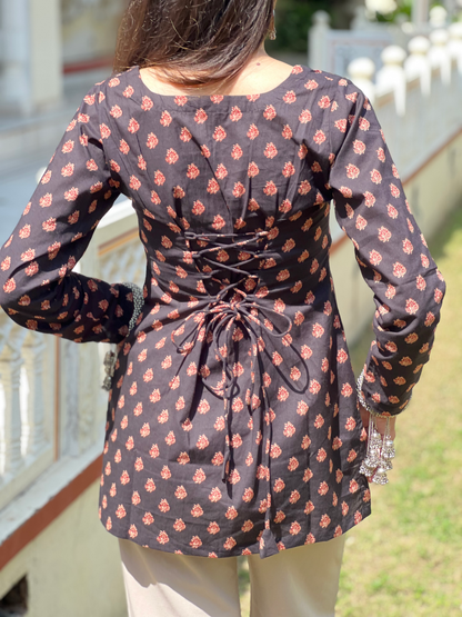 Black Corset Back Full Sleeves Short Kurti