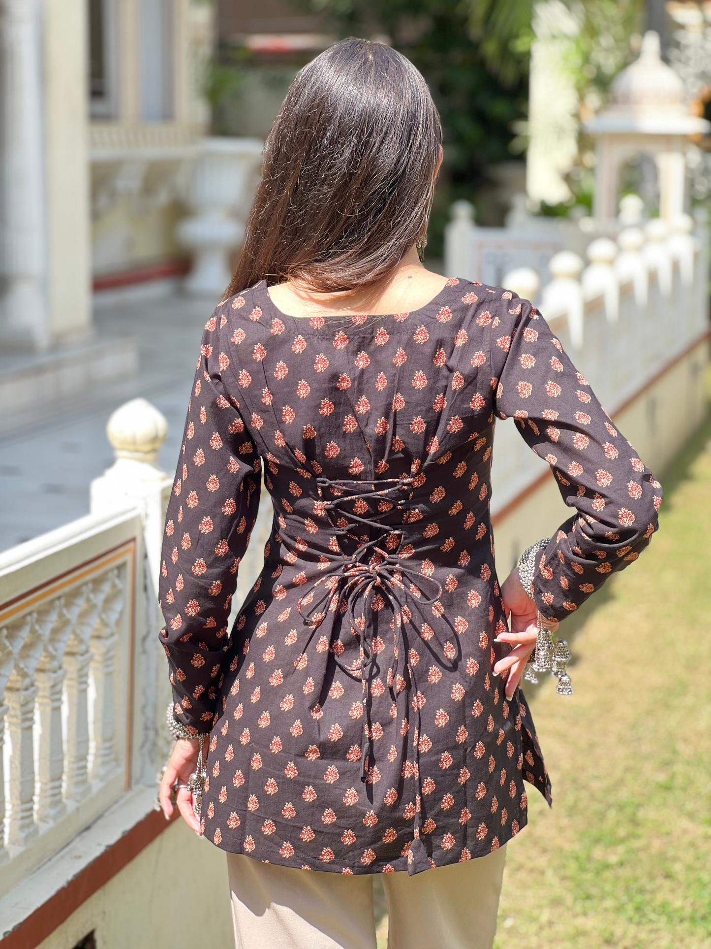 Black Corset Back Full Sleeves Short Kurti