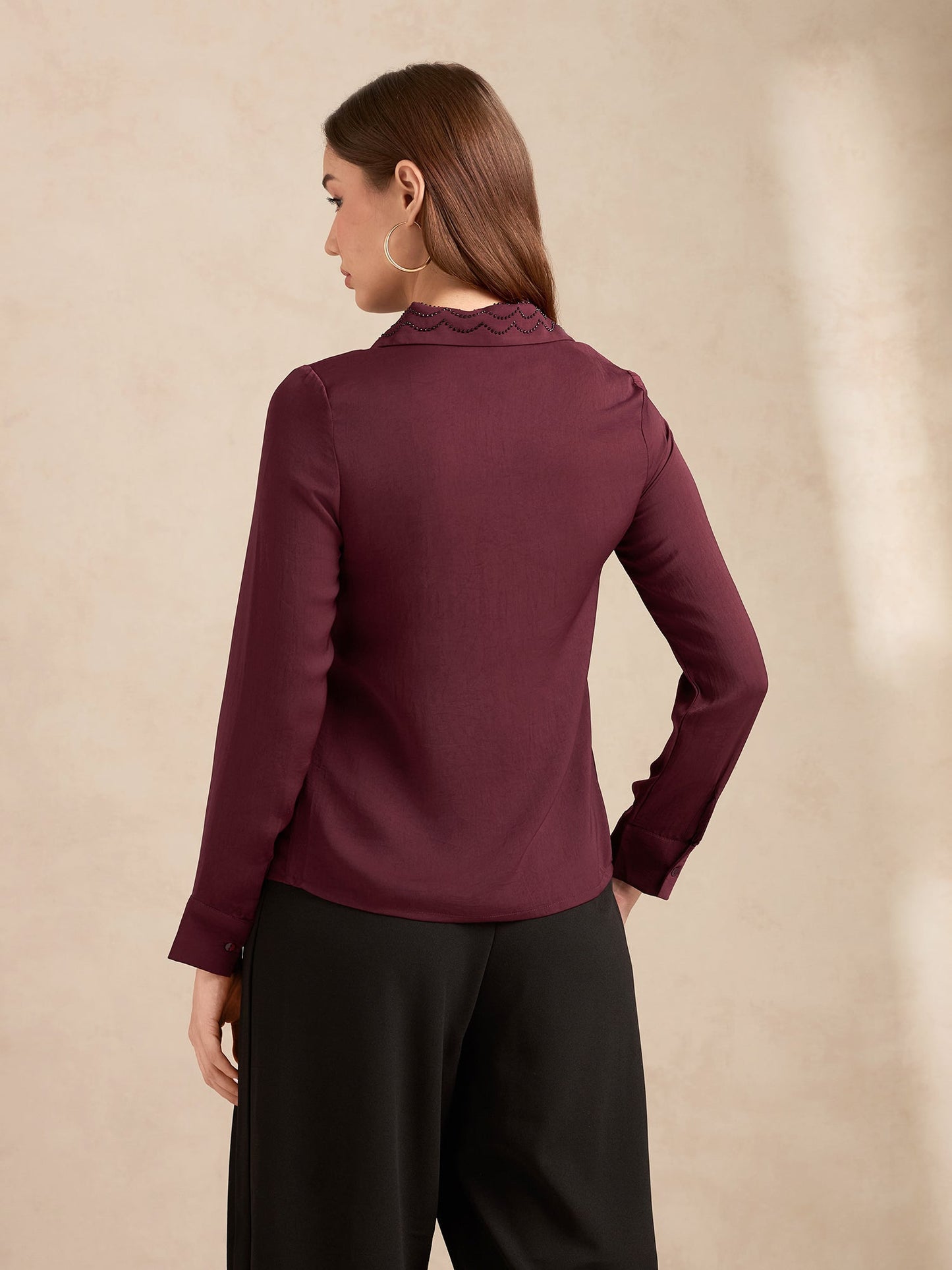 Wine Regular Satin Shirt With Embellished Collar