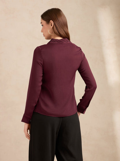 Wine Regular Satin Shirt With Embellished Collar
