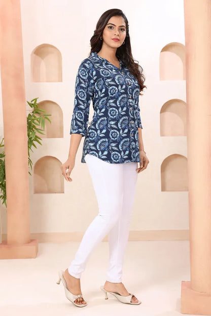 Indigo Blue Coat Collar Short Tunic Top for Women