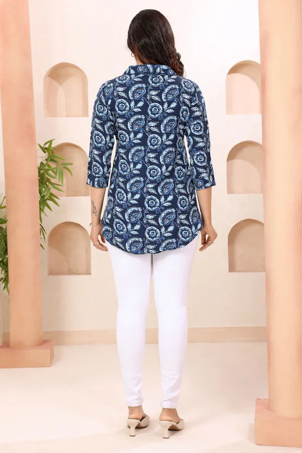 Indigo Blue Coat Collar Short Tunic Top for Women