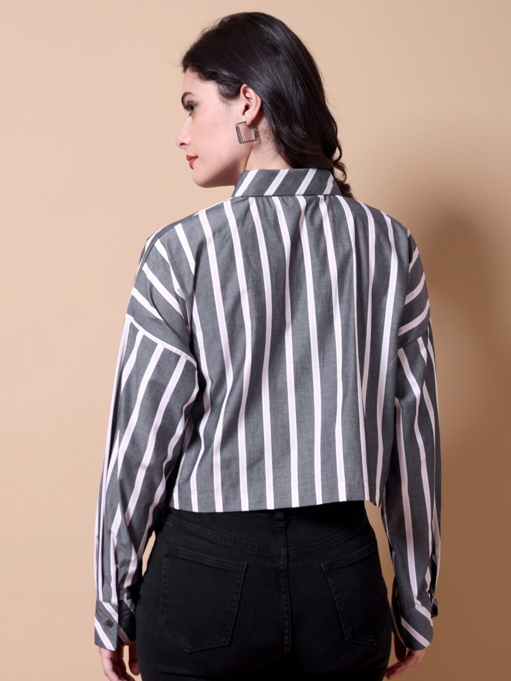 Striped Cotton Cropped Shirt | Light Pink Stripped, Grey
