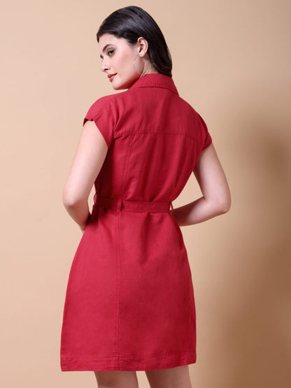Belted Shirt Mini Dress | Red